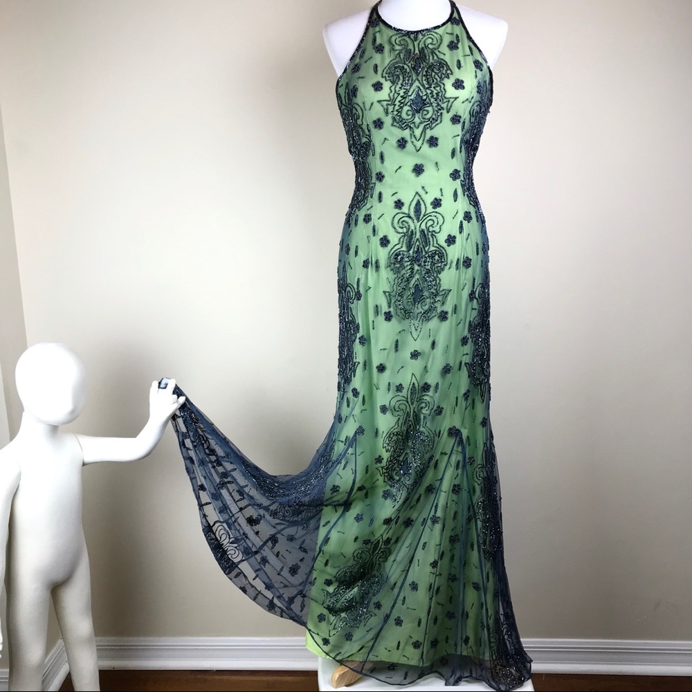 Lillie Rubin Grey Green Beaded Silk Halter Gown - Picture 1 of 8